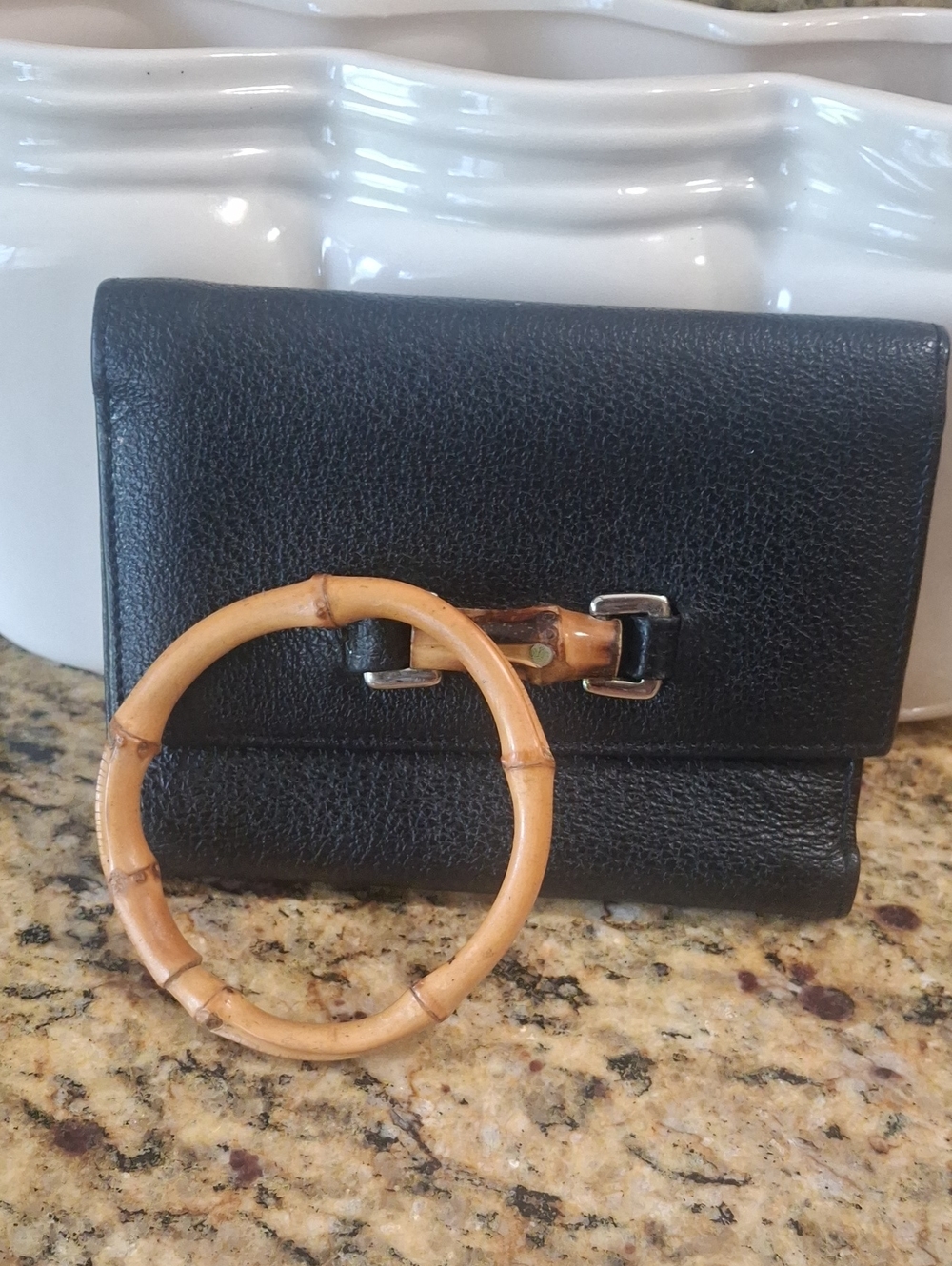 Saks Fifth Avenue Black Leather Women's Wallet with Bamboo Accent And Bangle